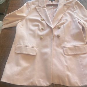 Baby pink double breasted blazer with gold accents.